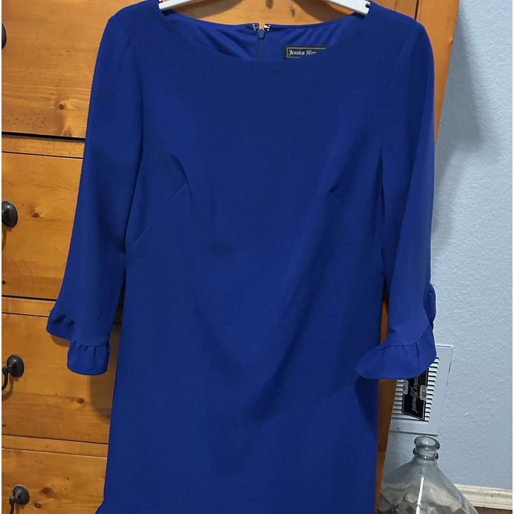 Jessica Howard blue dress size 10p, ruffles on sleeves and hem, zip up back, NWT
